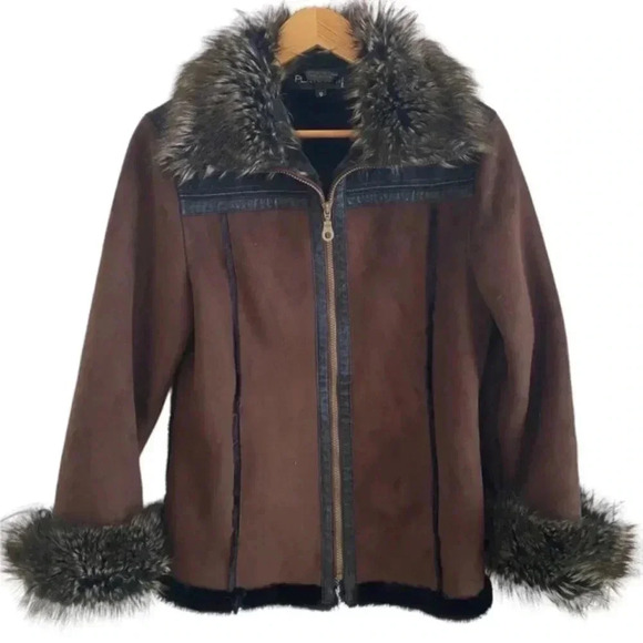 Platinum Jackets & Blazers - Platinum Utex Faux Fur Faux Suede Brown Long Jacket Coat